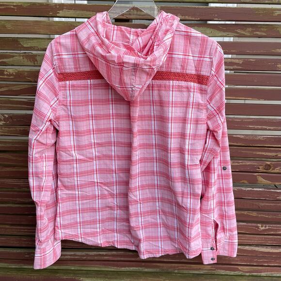Prana Anja Hooded Shirt Plaid Roll Tab Button-Front Pullover Pink Size Medium - Picture 2 of 10